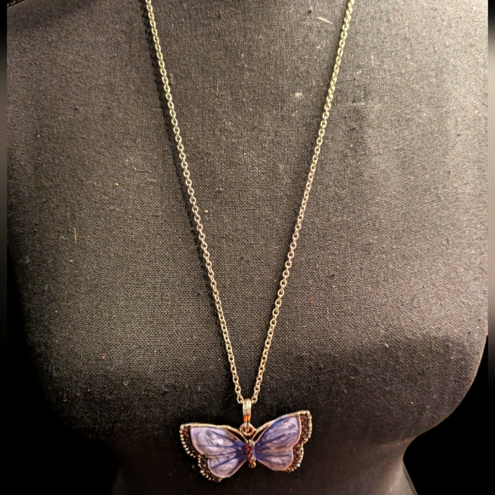 Purple Rhinestone Butterfly Pendant with Silver Chain
